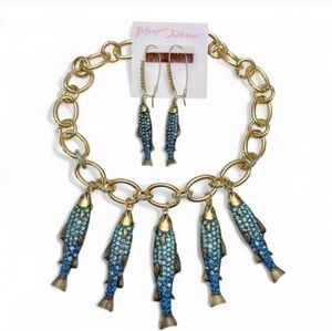 💙▪️Betsey Johnson ▪️Blue Sardine Fish Pendant Necklace and Earring Set Bundle